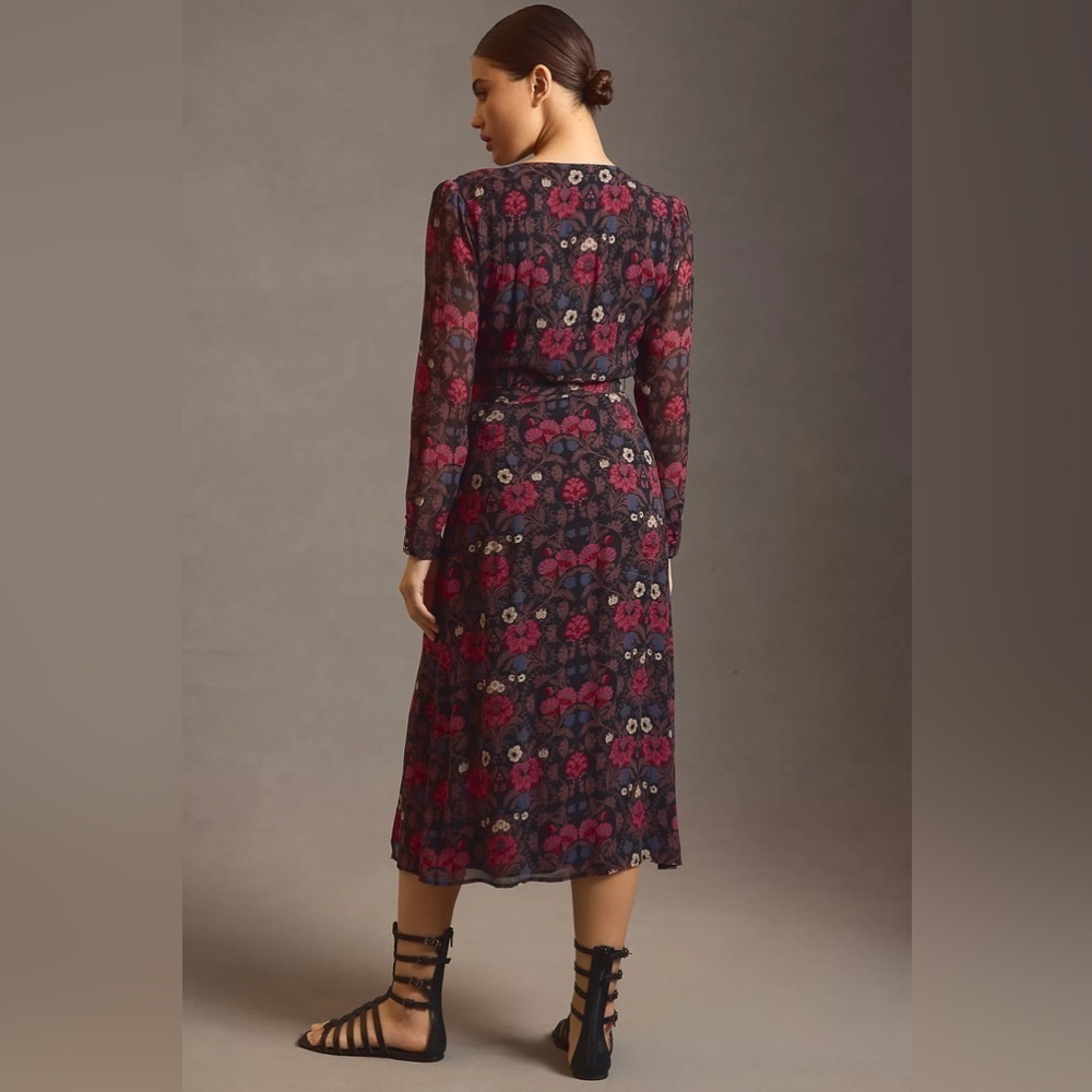 PAIGE Ledara Floral Silk Long Sleeve Faux Wrap Midi Dress in Black Multi Sz XS - Picture 14 of 14